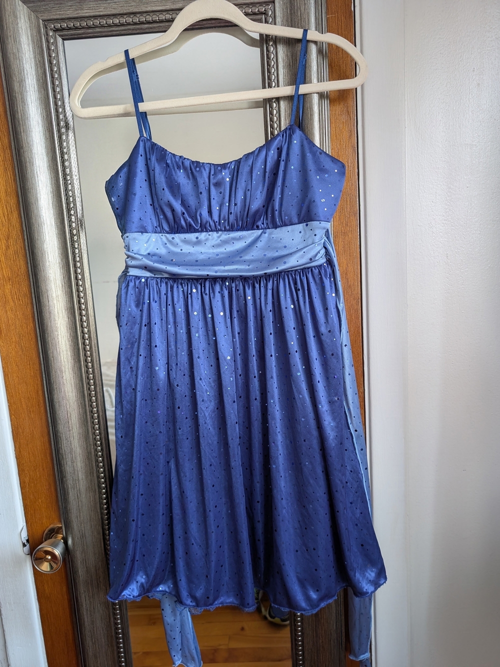 Blue Satin Party Dress with Sparkle Waistband